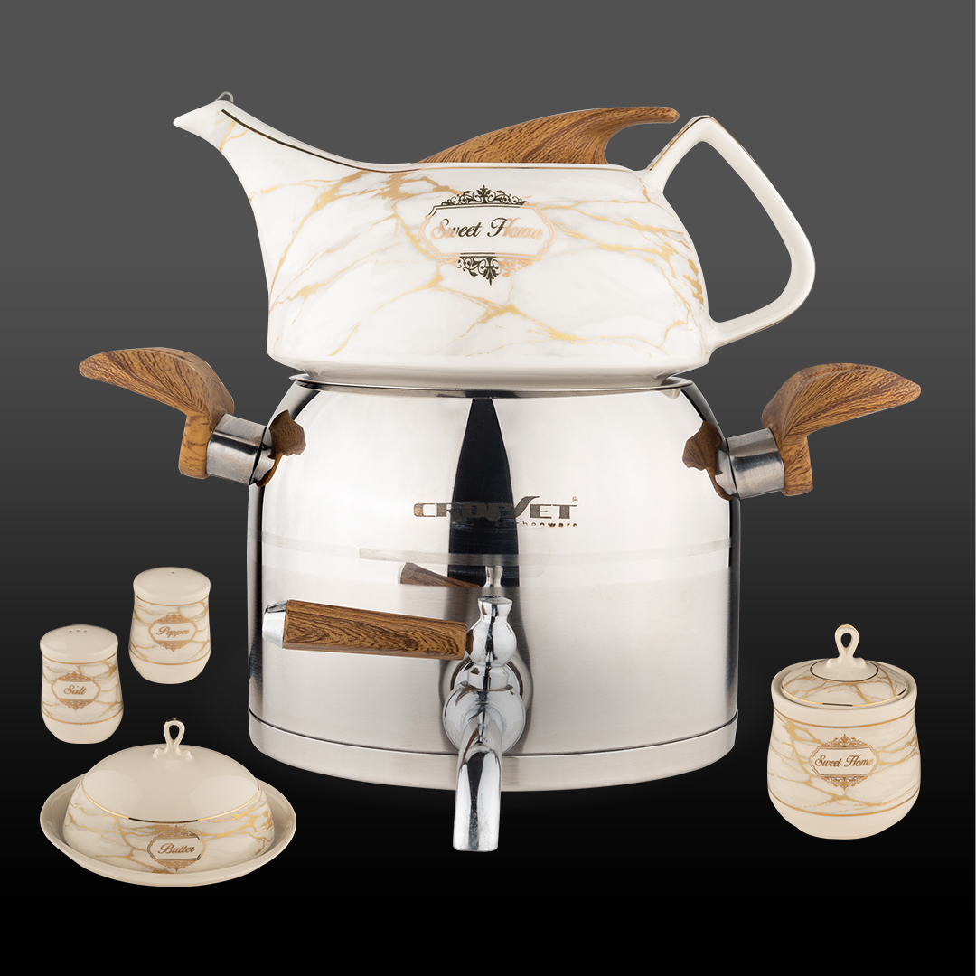 کتری و قوری ماهور استیل براق کروپ ست با سرویس صبحانه خوری کد3301S