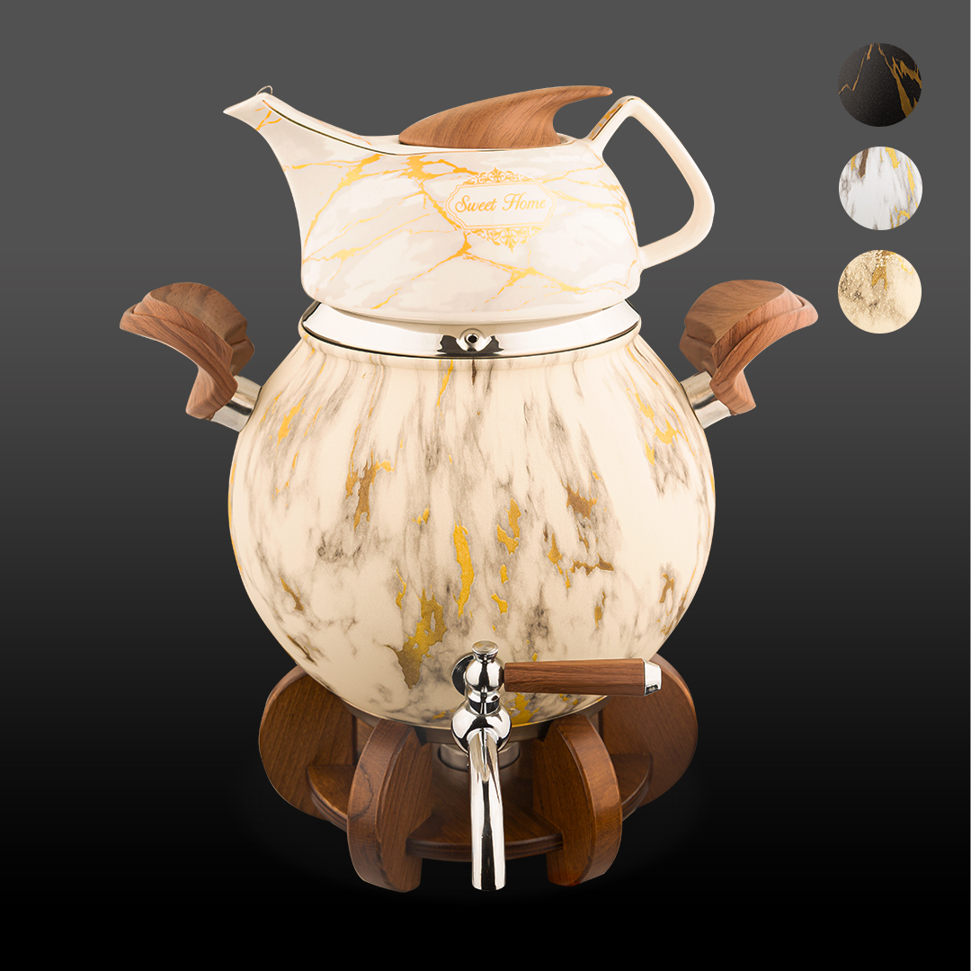 کتری و قوری کیانا استیل رنگی ماربل کروپ ست با پایه وارمر کد701M