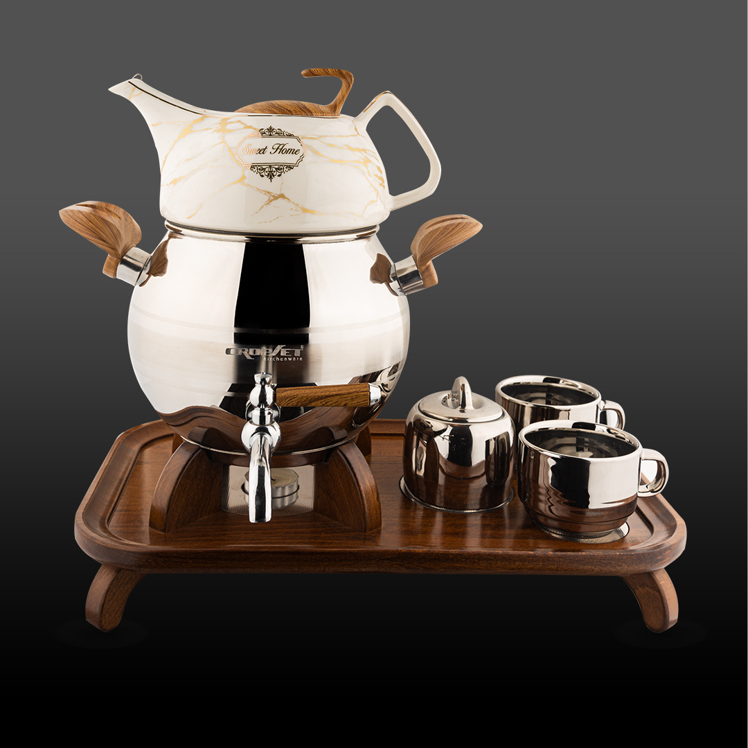 کتری و قوری تیارا استیل براق کروپ ست با سرویس کد602