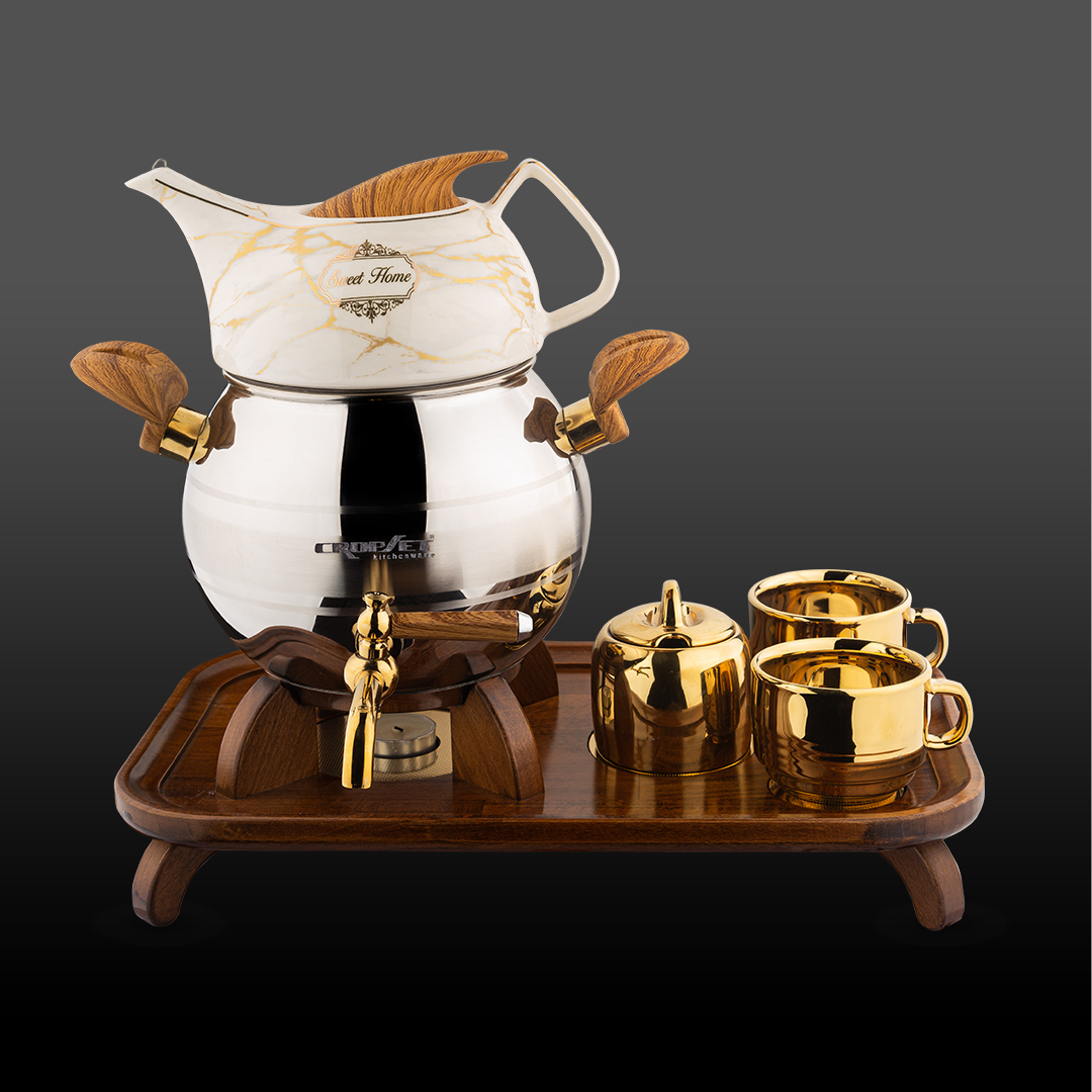 کتری و قوری تیارا استیل طلایی کروپ ست با سرویس کد604