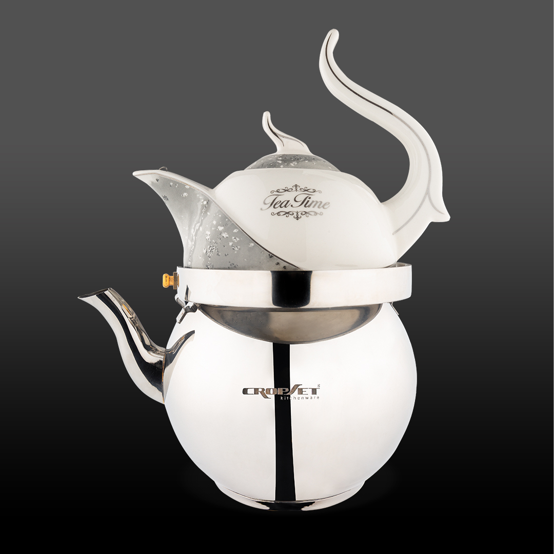 کتری و قوری دنیز لوله دار استیل براق کروپ ست کد2303