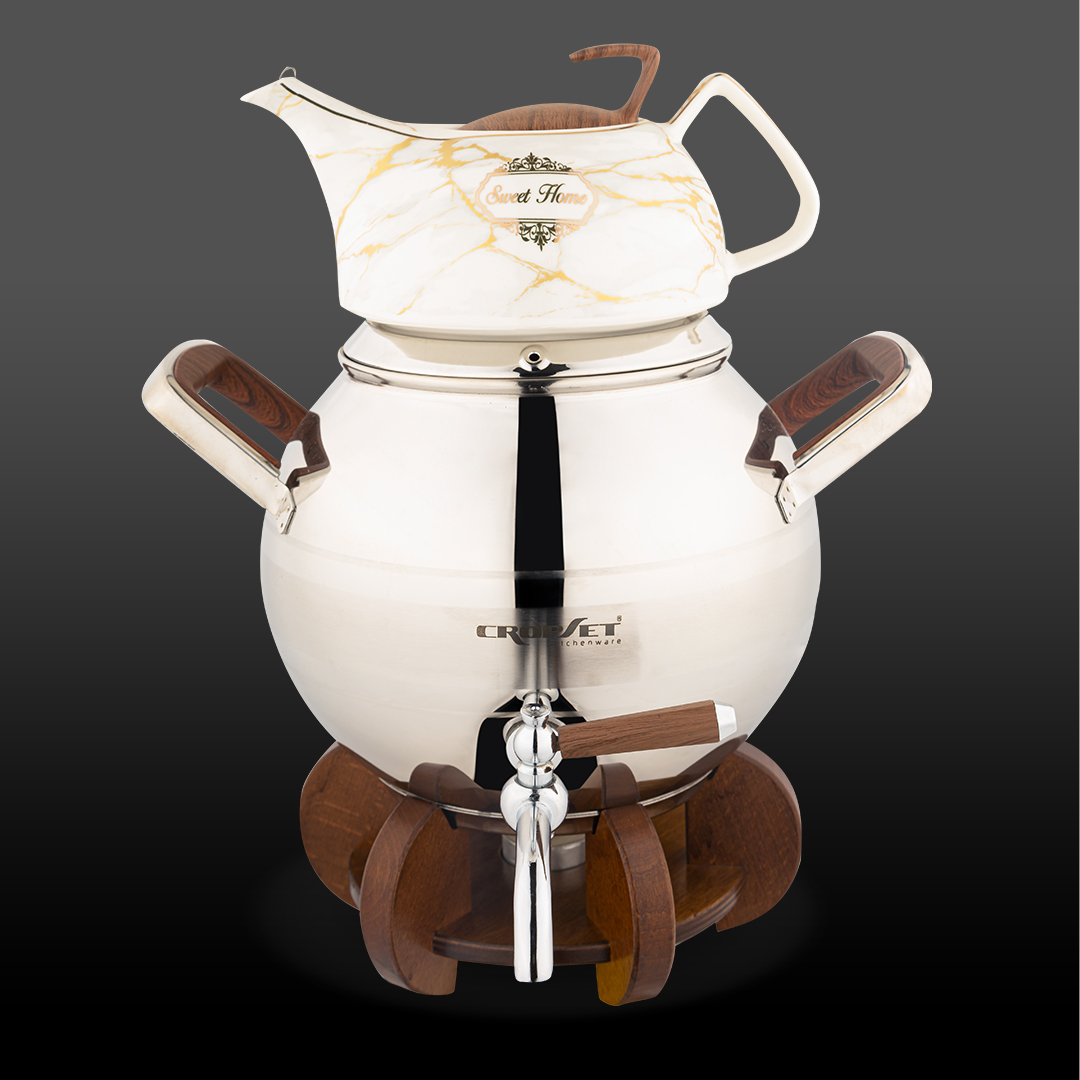 کتری و قوری کیانا استیل براق کروپ ست با پایه وارمر کد8012