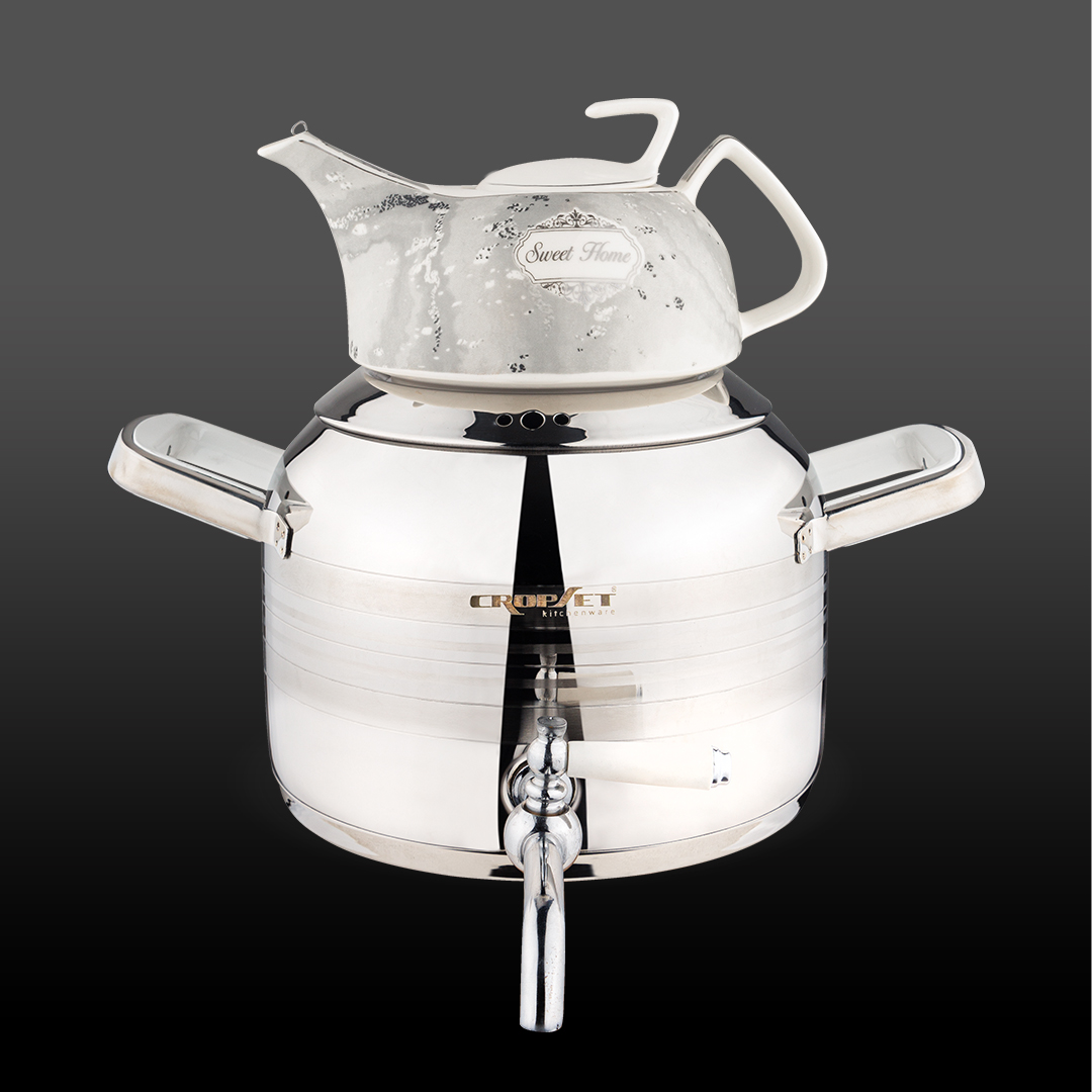 کتری و وقوری کروپ استیل نقره ای براق کروپ ست کد916