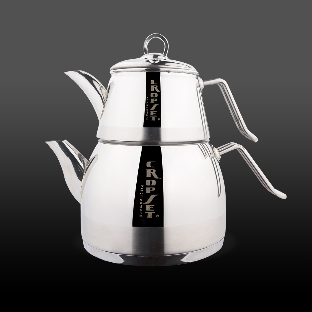 کتری و قوری اریک لوله دار استیل نقره ای براق کروپ ست کد 2405