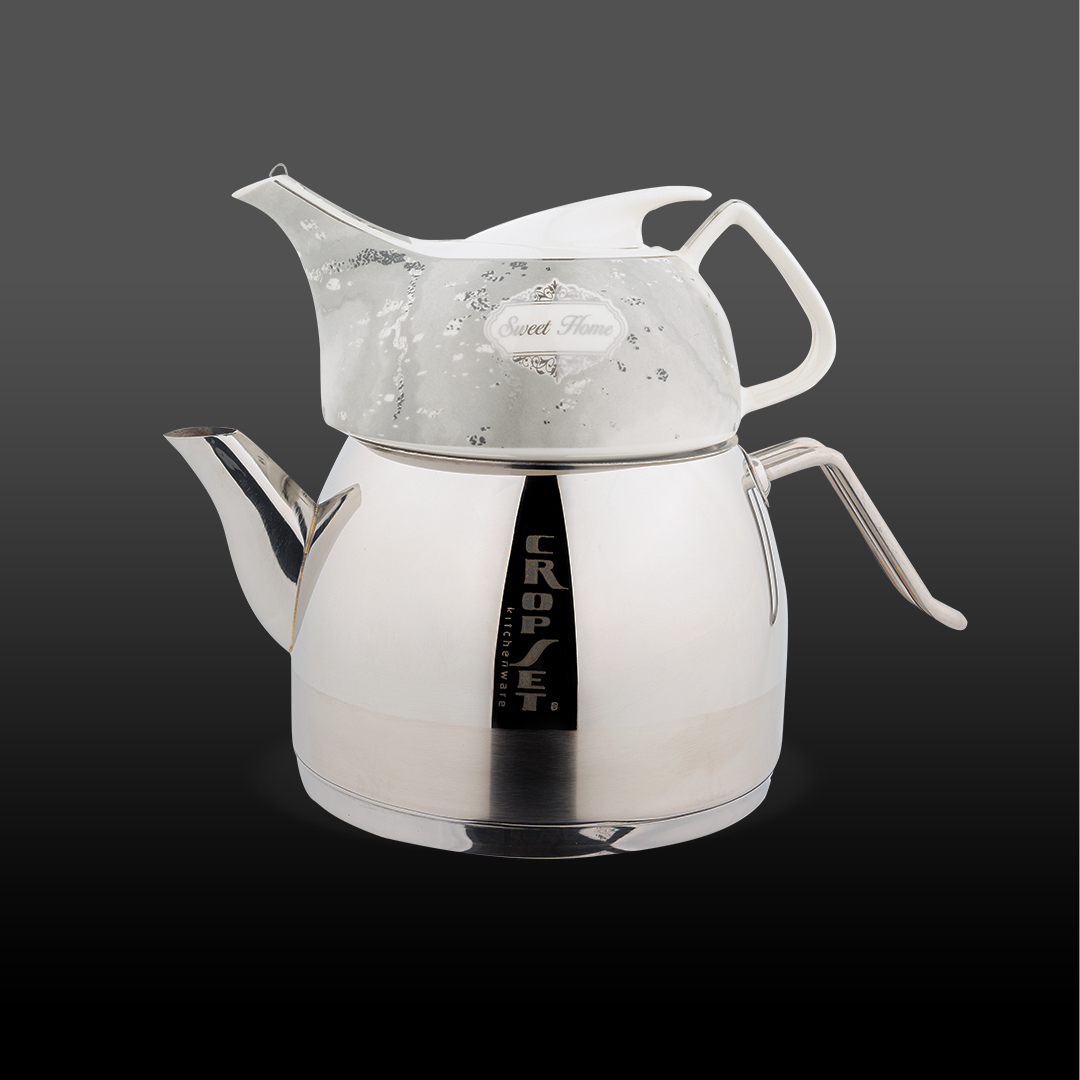 کتری و قوری تیدا لوله دار استیل نقره ای براق کروپ ست کد 2305