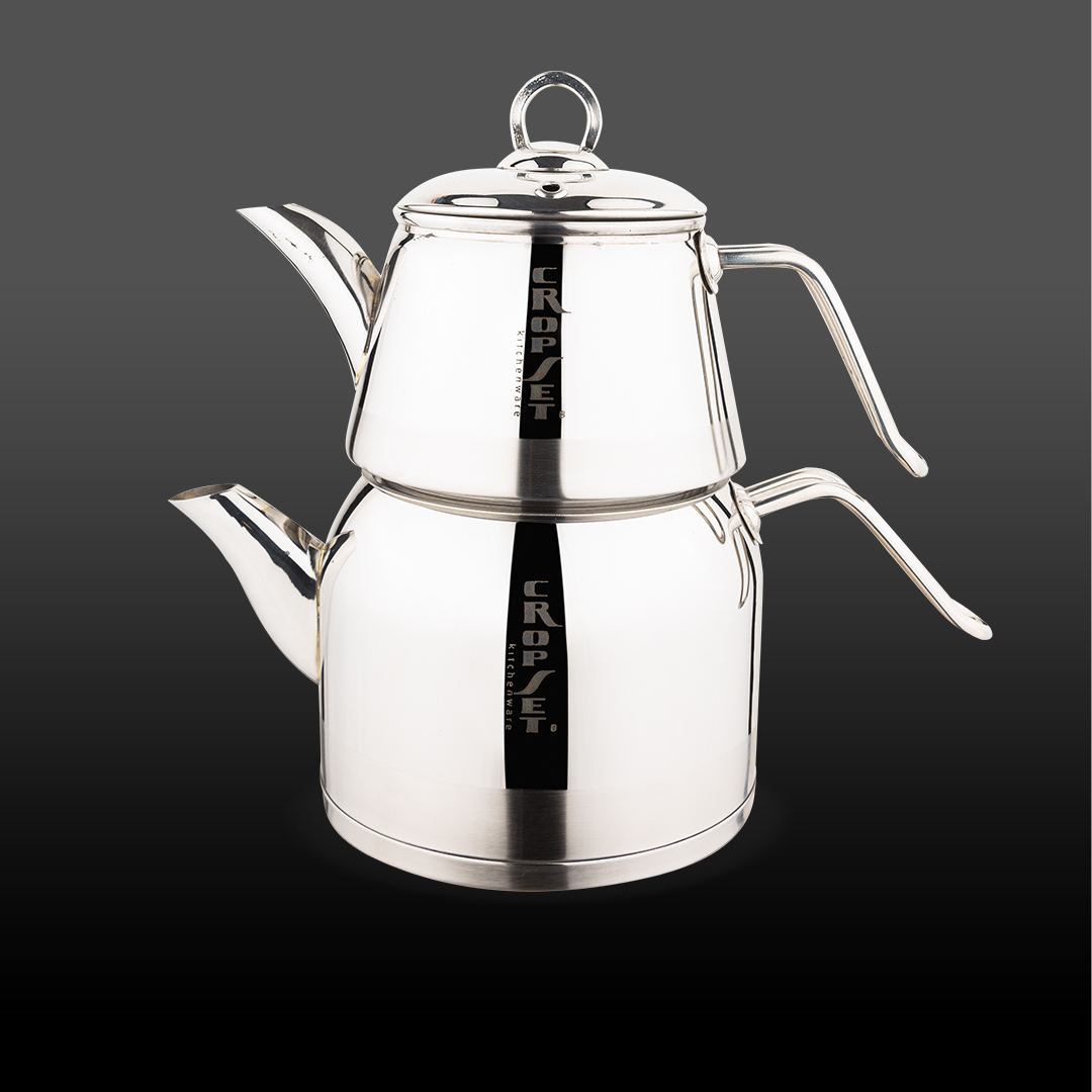 کتری و قوری نیلا لوله دار استیل نقره ای براق کروپ ست کد 2404